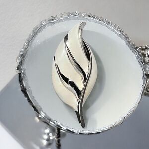 Rare Vintage White Silver Enamel Leaf Brooch Pin 2.5"x1.25" Painted Metal VG